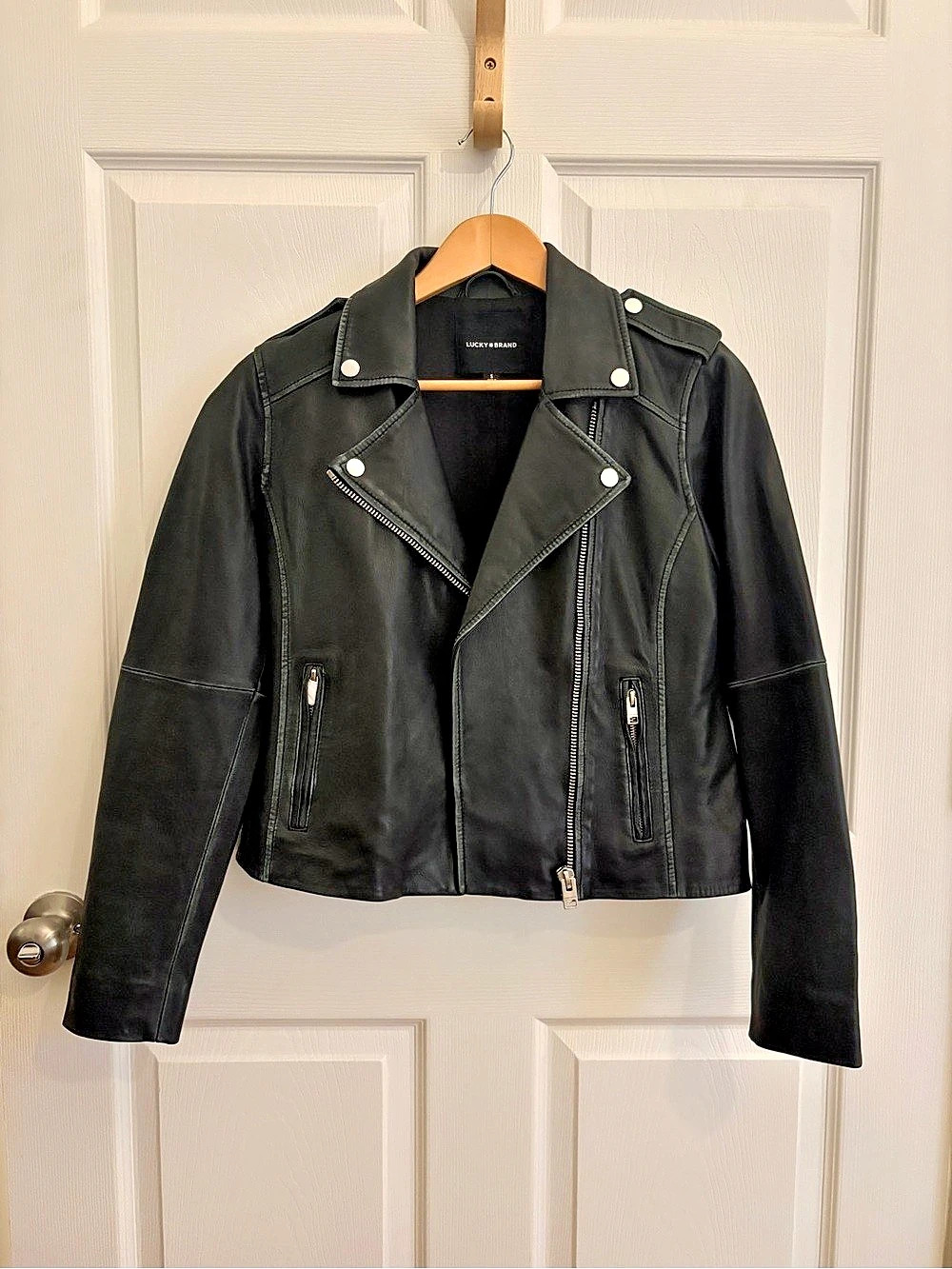 Lucky Brand Classic Black Leather Moto Jacket Black Size Small